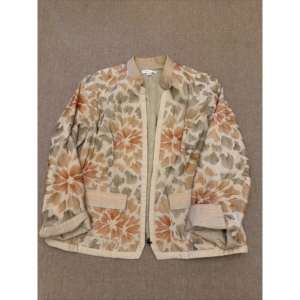 Coldwater Creek Sz 10 Zip Up Embroidered Neutral Colors Suit Jacket Linen Cotton